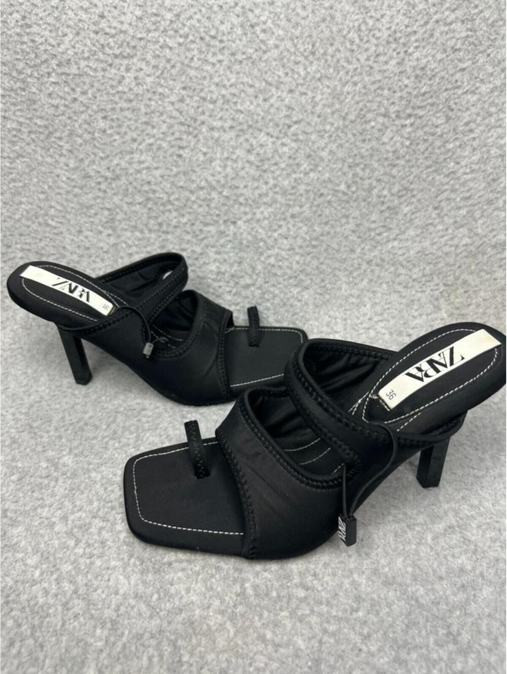 Zara Heels Neoprene Sandals size 5.5 Black Square Toe Block Heel Minimalist Chic - Picture 2 of 5